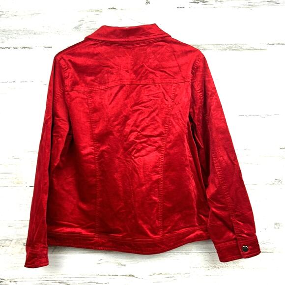 Chico’s Women’s M Red Cotton Velvet Long Sleeve Button Front Holiday Jacket Coat - Picture 2 of 8